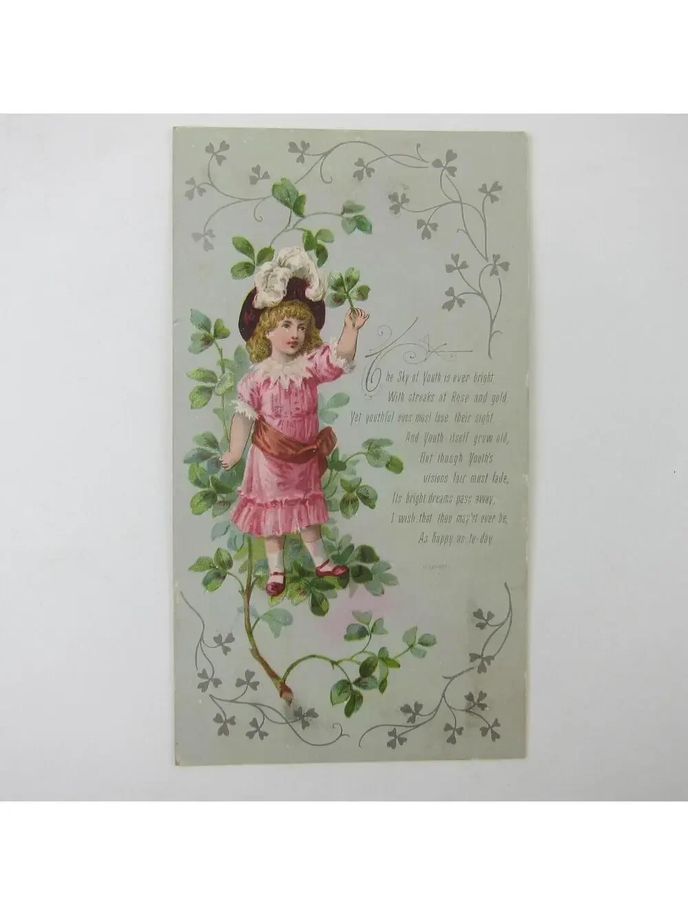 Victorian Greeting Card Four Leaf Clover Girl Pink Dress Feather Hat Antique